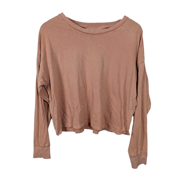 aerie Tops - Aerie Tan Orange Distressed Cropped Relaxed Fit Long Sleeve Tee Shirt